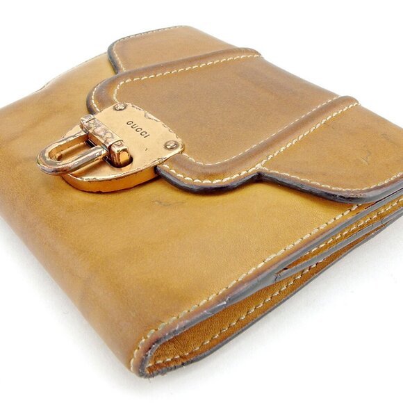 GUCCI W Hook Wallet Logo Plate Beige Leather Authentic - Picture 1 of 8
